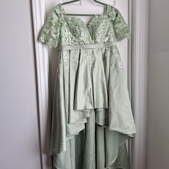 A-line Off the Shoulder Asymmetrical Satin Lace Prom Dress Sage Green - Picture 1 of 6